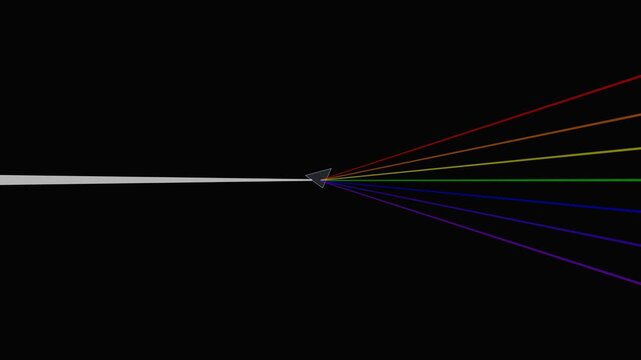 White light passing through a prism, splitting into a spectrum of colors against black background