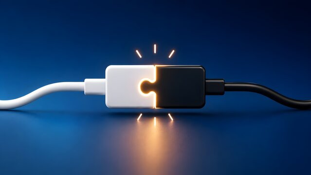 Jigsaw puzzle shaped electrical plugs connecting with bright light representing problem solving and perfect fit solution