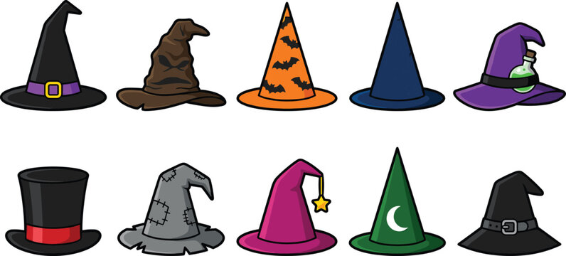 Halloween witch hats cartoon collection featuring wizard caps with bats magic potion moon star sorting hat and spooky sorcerer costume element icons
