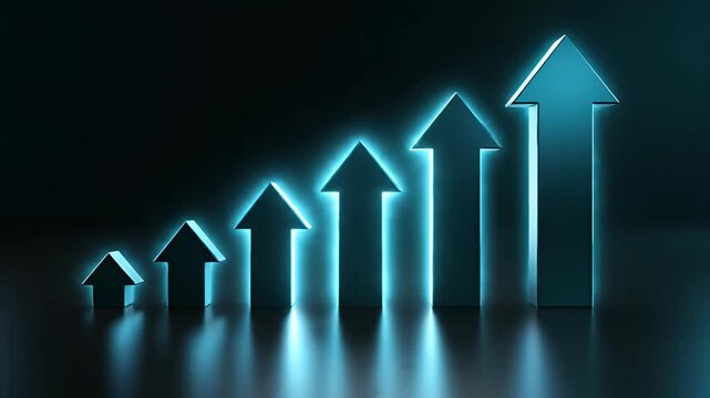 Sequential blue arrows ascending on reflective dark surface.