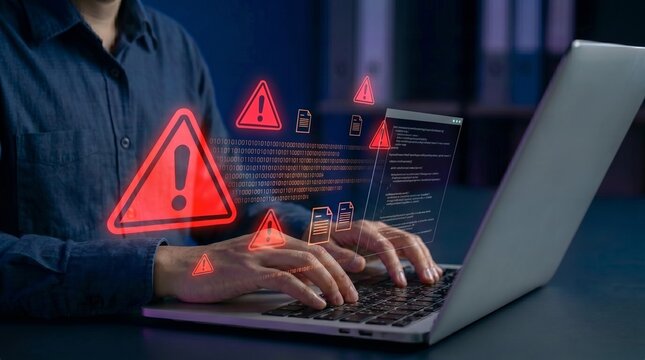 ybersecurity malware detection system with red alert warnings, digital threat analysis on laptop, and real-time network protection against data breach and cyberattacks.
