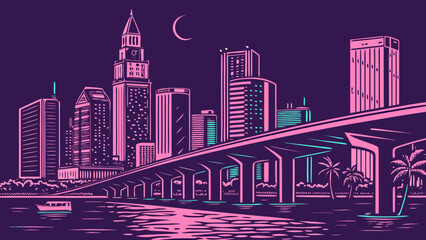Fototapeta premium Vibrant miami skyline with bridge and crescent moon at night