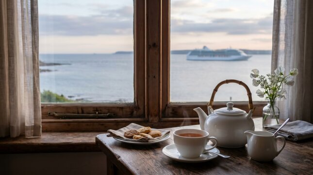 Cozy Afternoon Tea by a Window Overlooking the Ocean with a Cruise Ship in the Distance