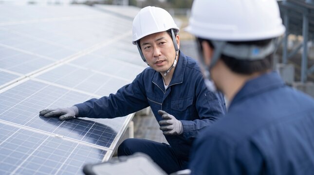 太陽光設備のメンテナンス現場でOJT指導を行うベテランの電気工事士