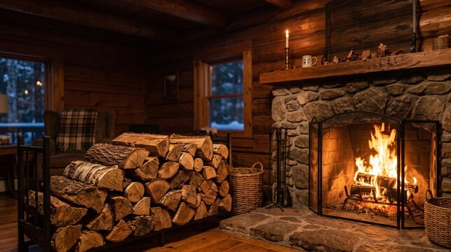 Warm fireplace with a crackling fire and a stack of logs in a rustic log cabin. Perfect for cozy winter concepts.
