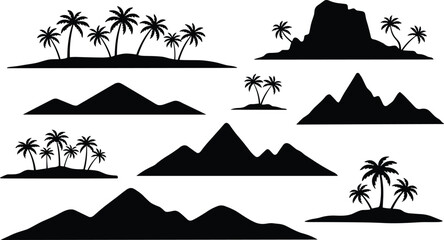 Collection of black silhouette tropical islands with palm trees and various mountain ranges depicting diverse island landscapes for travel or vacation themes © Kumot Roy