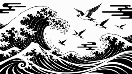 Obraz premium 白黒の荒波と飛ぶ鳥を描いた和風装飾背景