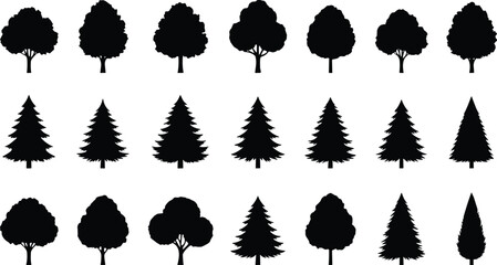 Collection of diverse black silhouette trees including deciduous and coniferous shapes for nature illustrations and designs © Kumot Roy