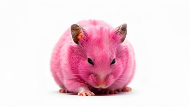 Pink Hamster Charm: A cute, round pink hamster with black eyes and small ears sits patiently, its fur a vibrant shade of magenta, against a clean white backdrop.