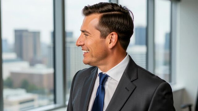 Executive Visionary: A confident businessman in a sharp suit and tie gazes out from a high-rise office, overlooking a sprawling cityscape. His smile conveys optimism and a forward-thinking mindset.