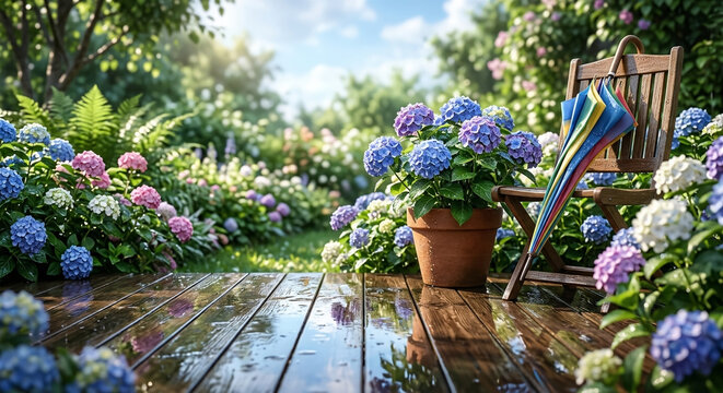 Hydrangeas in a pot and a colorful umbrella on a wet wooden deck in a garden.
