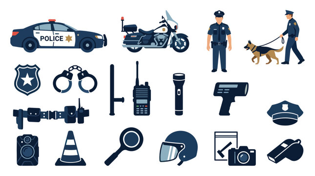 Police and Law Enforcement Flat Icons Set. Public Safety Equipment, Gear, and Officers Vector Collection.