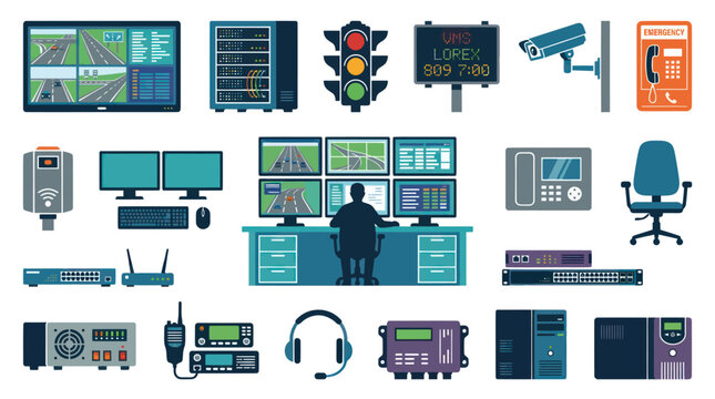 Flat Vector Illustration of Technology Security and Surveillance Systems Devices for IT Infrastructure