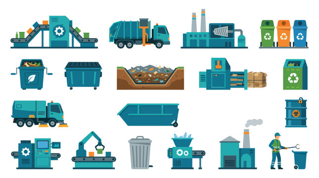 Flat Vector Illustration Set of Waste Management  Recycling Industry Equipment and Processes