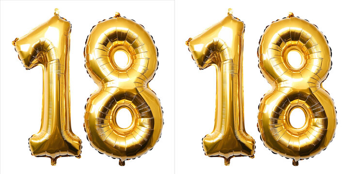Gold foil balloons in the shape of the number 18 isolated on transparent background