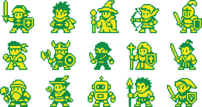 Pixel art fantasy character icons set in green and yellow