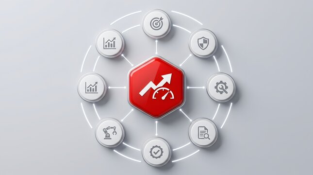 Digital business network concept with glowing red dashboard button and analytics icons