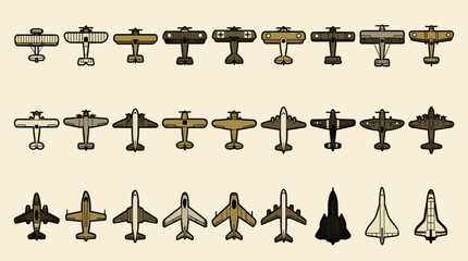 Flat Vector Icons of Historical Airplanes and Spacecraft, Representing Aviation Evolution from Biplanes to Space Shuttle, Graphic Resource Set © moh
