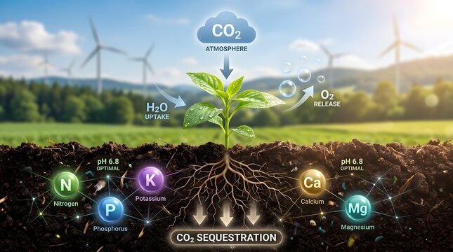 Digital agriculture concept showing plant growth CO2 sequestration and soil nutrients