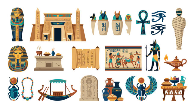 Flat Vector Ancient Egyptian Culture Icons Set. Historical Symbols and Artifacts Collection