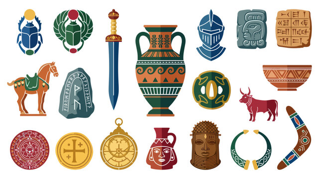 Ancient History and Archaeology Flat Design Vector Icons - Cultural Artifacts, Symbols, and Antiquities Collection