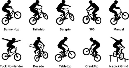 Fototapeta premium BMX Silhouette Icons – Cycling Trick & Action Vector Bundle