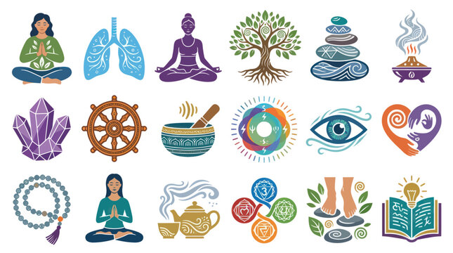 Flat Vector Icons Set for Yoga, Meditation, Wellness, and Spirituality