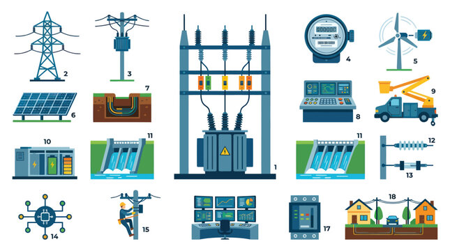 Energy and Electricity Grid Flat Vector Icons Set. Power Generation, Distribution, and Infrastructure.