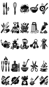 Kitchen Utensils and Cooking Tools Vector Icons Set