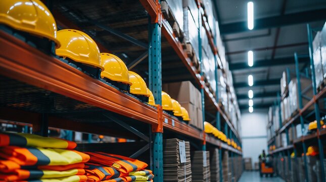 Close up of yellow hard hats and high visibility vests stacked on industrial warehouse shelves for construction safety with warehouse construction protective logistics