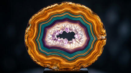 Naklejka premium Vibrant Polished Agate Slice with Rainbow Concentric Rings and Crystal Core