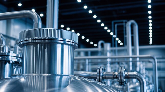 Industrial stainless steel tanks and pipeline infrastructure in modern food processing manufacturing facility with industrial stainless processing manufacturing