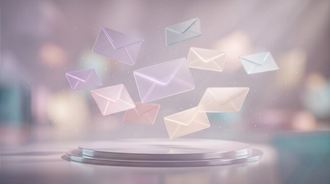 Multiple glowing email envelopes in pastel colors float above a round, metallic podium with soft bokeh lights in background.