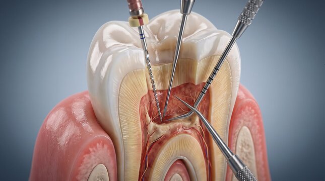 Endodontic root canal treatment procedure on dental tooth model with dental care dentistry endodontics treatment procedure instrument clinical stomatology