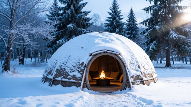 Cozy Winter Igloo Retreat: A unique, snow-covered igloo-shaped dwelling offers a warm and inviting sanctuary amidst a tranquil winter forest, with a glowing fire visible inside.