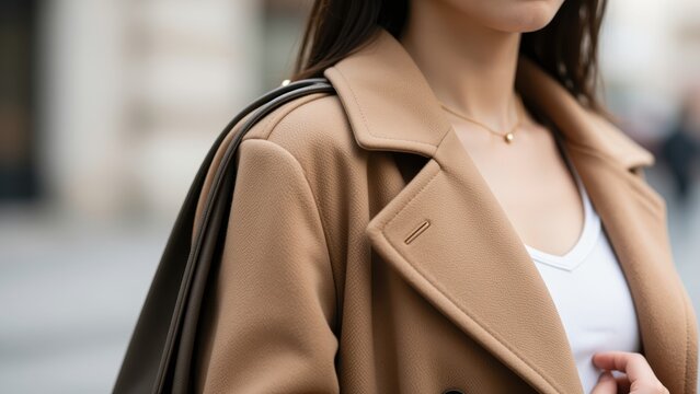 Stylish Woman in Camel Coat: A chic woman models a sophisticated camel-colored coat, exuding effortless style and urban elegance.