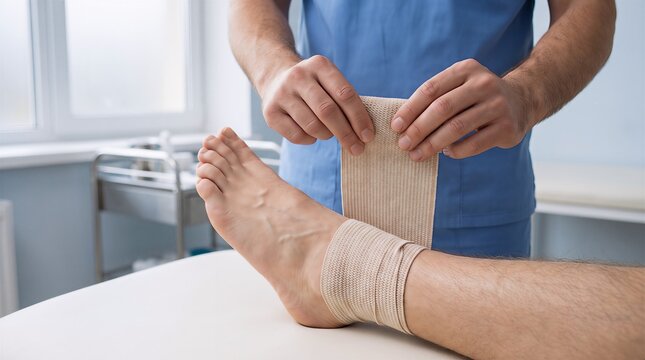 Physical therapist wrapping a compression bandage around an injured ankle in a medical clinic for support and rehabilitation with compression rehabilitation physical