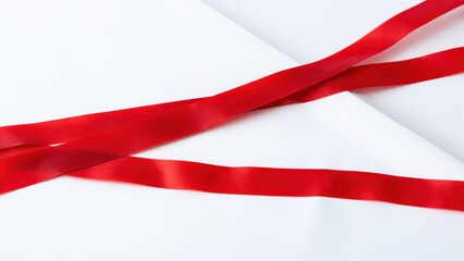 Fototapeta premium Bold Red Ribbon: A vibrant red satin ribbon elegantly crosses a stark white surface, suggesting a gift or a moment of celebration.
