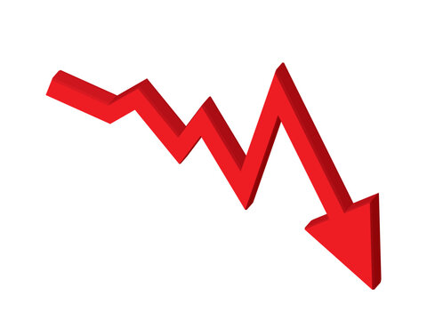 3D isometric red zigzag arrow pointing down isolated on white. Flat volume business financial crisis symbol for bankruptcy, economic recession, stock market crash and negative growth.