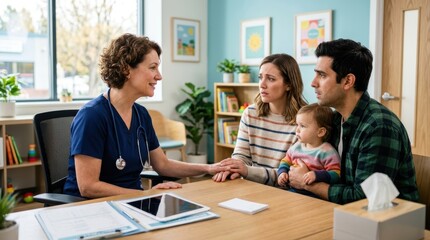 Fototapeta premium Doctor Consulting with Family in Medical Office Setting.