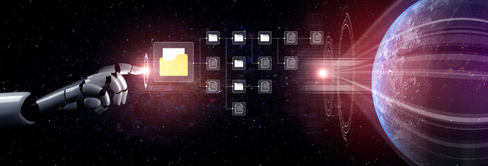 Fototapeta premium A high-tech robot arm reaches toward floating data files in a cosmic setting, symbolizing the future of technology and the seamless transfer of information across digital environments. Cyphers