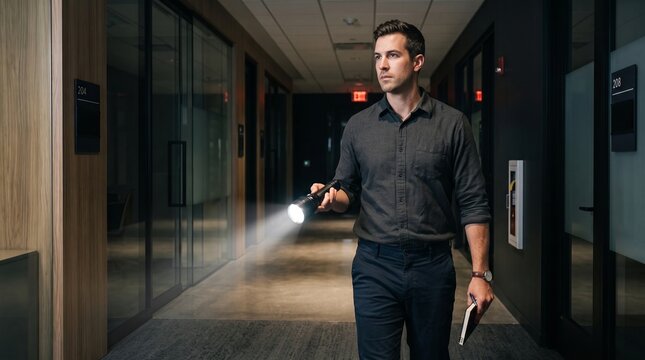 Man walking through dark office building hallway holding flashlight during power outage. Security guard or employee investigating interior space. Emergency, safety and crisis theme