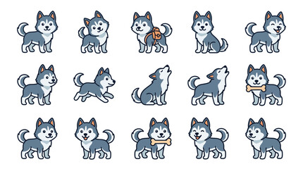 Fototapeta premium Cute Husky Dog Cartoon Collection: Pixel Art Style, Various Poses