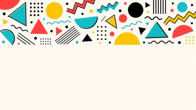 Colorful retro memphis geometric border on cream background with copy space