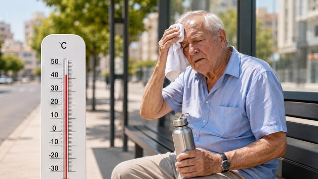 Man wiping sweat with towel while sitting at bus stop during summer heatwave. Thermometer showing high temperature. Risk of heatstroke and dehydration for elderly during hot weather
