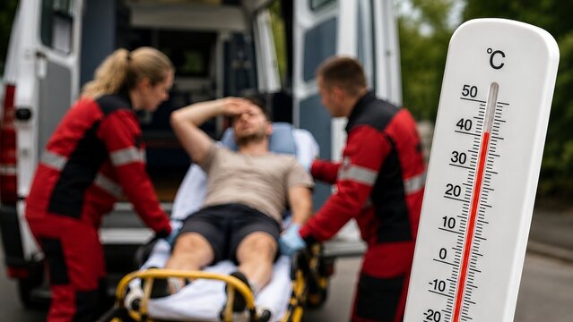 Paramedic team attending to a man suffering from heatstroke outside an ambulance. Thermometer indicating extreme high temperature. Medical emergency during heatwave safety and heat risk