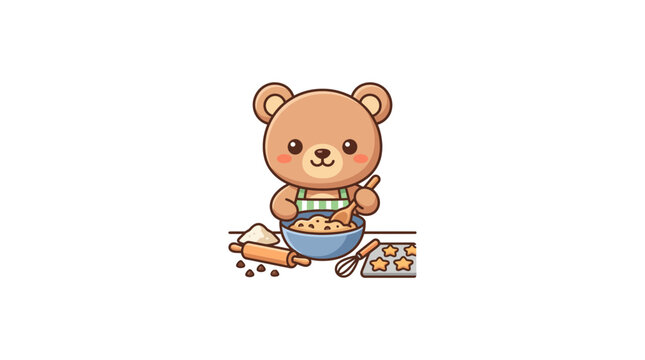 Cute Cartoon Bear Baking Cookies, Mixing Dough with Whisk and Rolling Pin