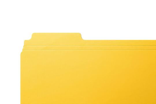 Yellow file folders with tabs organizing documents, records, information, and data storage on a transparent background