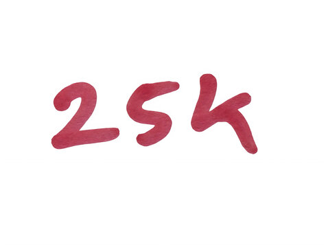 Handwritten 25k text in red ink for social media milestone celebration isolated on transparent background