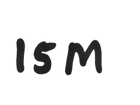Handwritten letters ism written in black ink on a textured paper surface isolated on transparent background